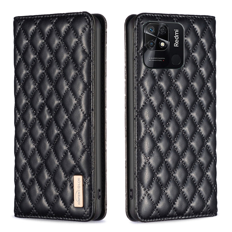 Black diamond-lattice magnetic leather flip phone case, quilted cover with camera cutout