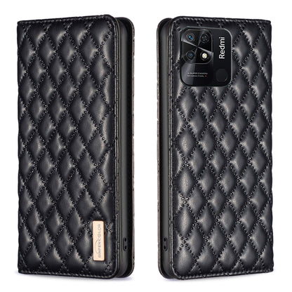 Black diamond-lattice magnetic leather flip phone case, quilted cover with camera cutout