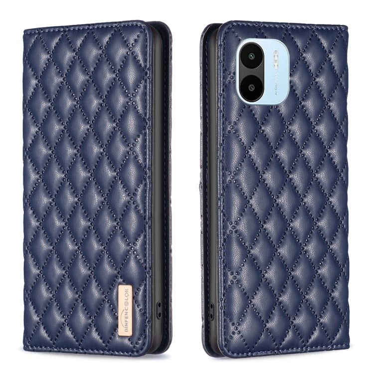 Blue diamond-lattice magnetic leather flip phone case, quilted cover with camera cutout