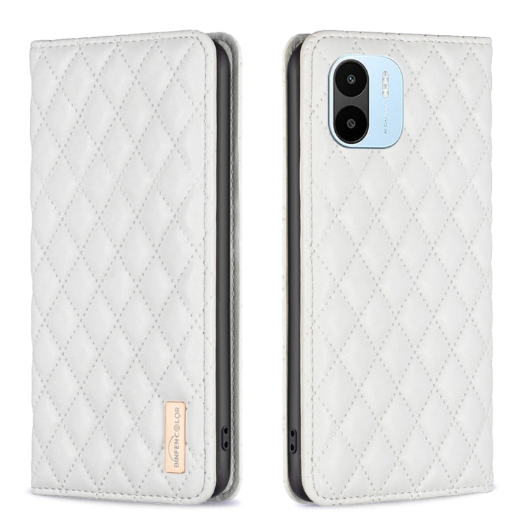 White diamond-lattice magnetic leather flip phone case, quilted cover with camera cutout