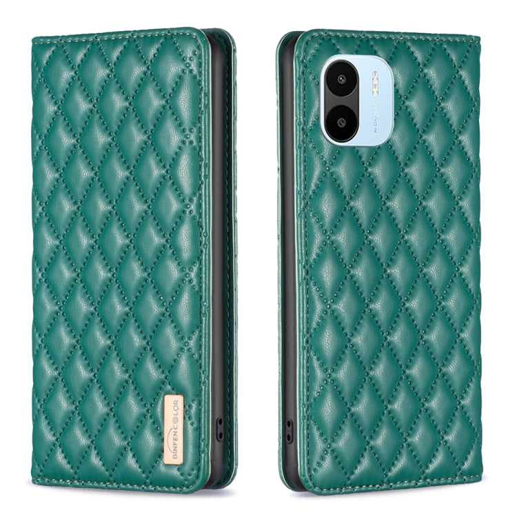Green diamond-lattice magnetic leather flip phone case, quilted cover with camera cutout