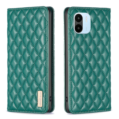 Green diamond-lattice magnetic leather flip phone case, quilted cover with camera cutout