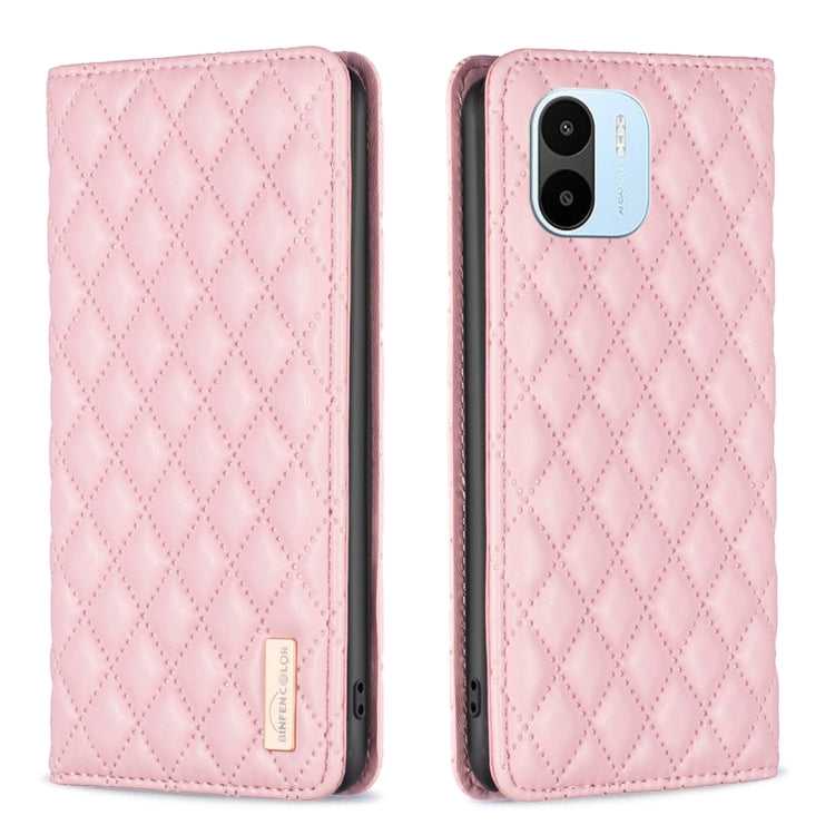 Pink diamond-lattice magnetic leather flip phone case, quilted cover with camera cutout