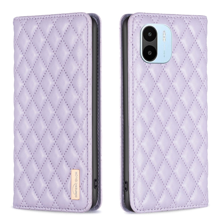 Purple diamond-lattice magnetic leather flip phone case, quilted cover with camera cutout