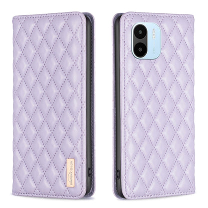 Purple diamond-lattice magnetic leather flip phone case, quilted cover with camera cutout
