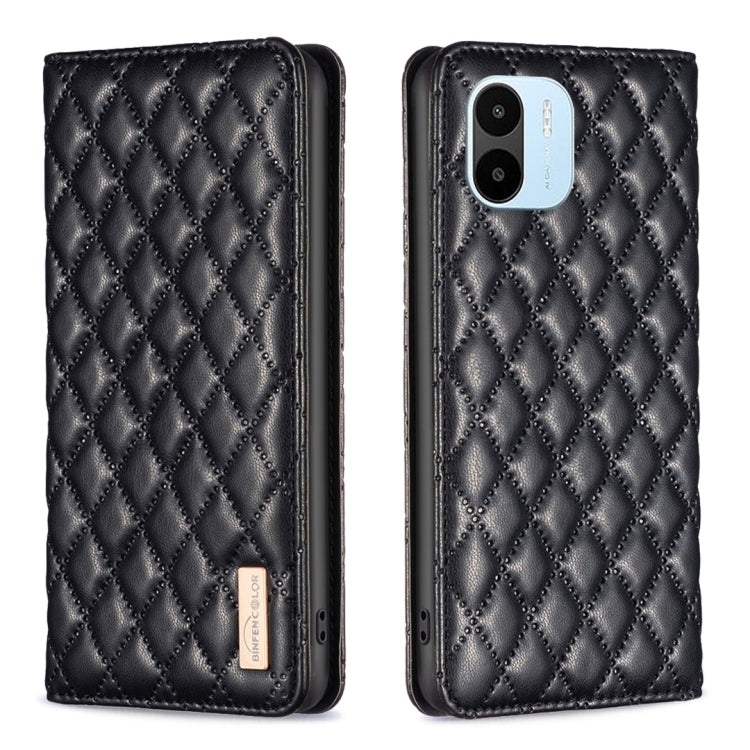 Black diamond-lattice magnetic leather flip phone case with quilted front and back cutout