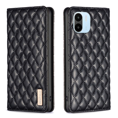 Black diamond-lattice magnetic leather flip phone case with quilted front and back cutout