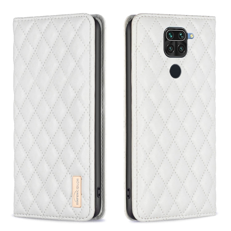 White diamond-lattice magnetic leather flip phone case with quilted front and back cutout