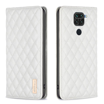 White diamond-lattice magnetic leather flip phone case with quilted front and back cutout