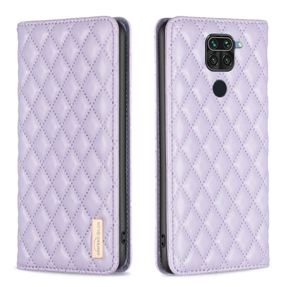 Lavender diamond lattice magnetic leather flip phone case with camera cutout view