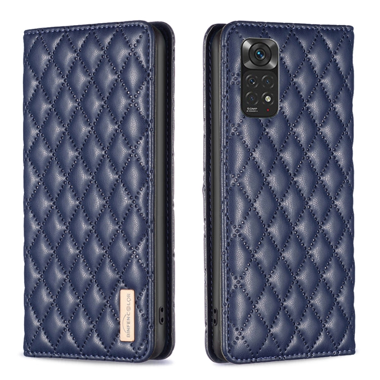 Blue diamond lattice magnetic leather flip phone case with camera cutout view