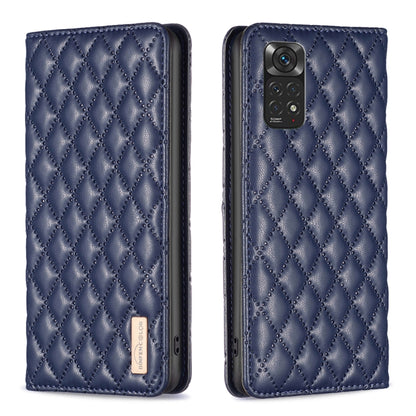 Blue diamond lattice magnetic leather flip phone case with camera cutout view