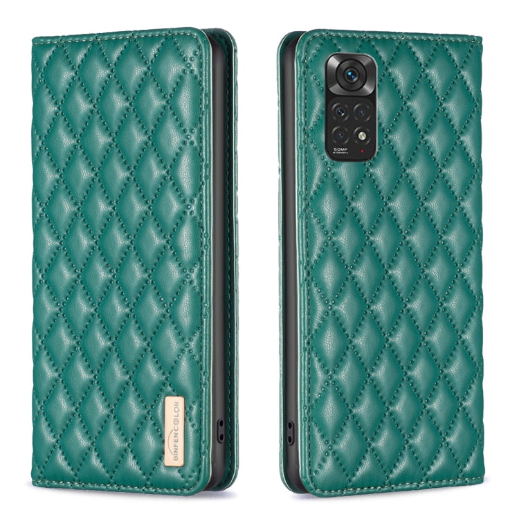 Green diamond lattice magnetic leather flip phone case with camera cutout view