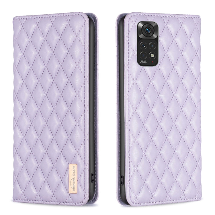 Lavender diamond lattice magnetic leather flip phone case with camera cutout view