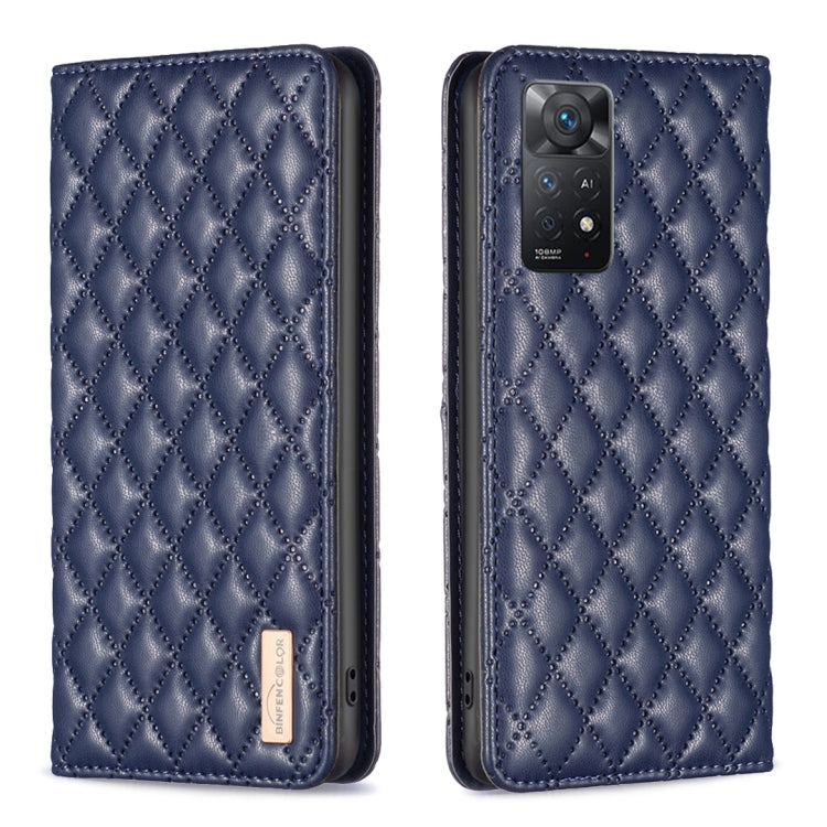 Blue diamond lattice magnetic leather flip phone case with camera cutout view