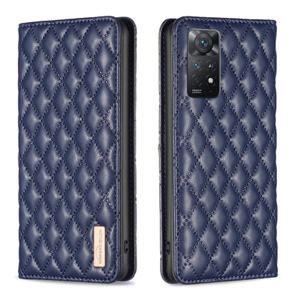 Blue diamond lattice magnetic leather flip phone case with camera cutout view