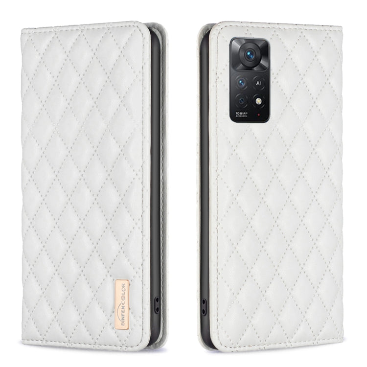 White leather flip phone case with diamond lattice texture and cutout for cameras