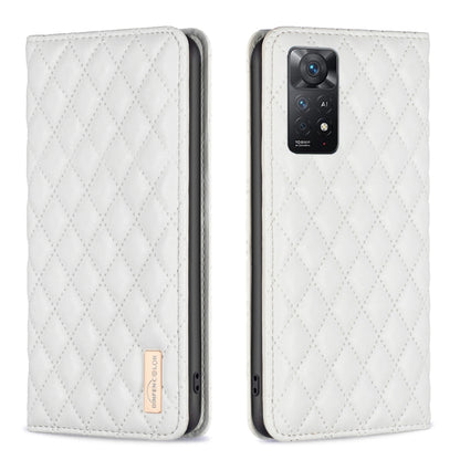White leather flip phone case with diamond lattice texture and cutout for cameras