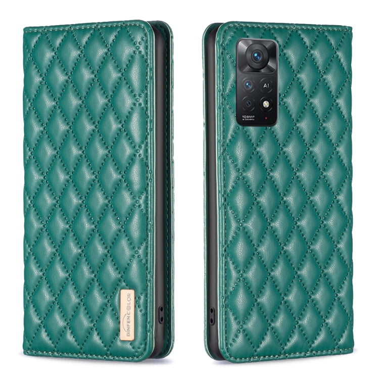 Green leather flip phone case with diamond lattice texture and camera cutout