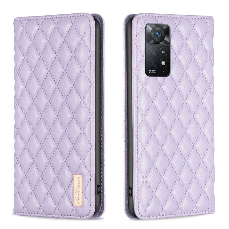 Purple leather flip phone case with diamond lattice texture and camera cutout
