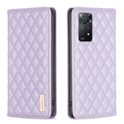 Purple leather flip phone case with diamond lattice texture and camera cutout