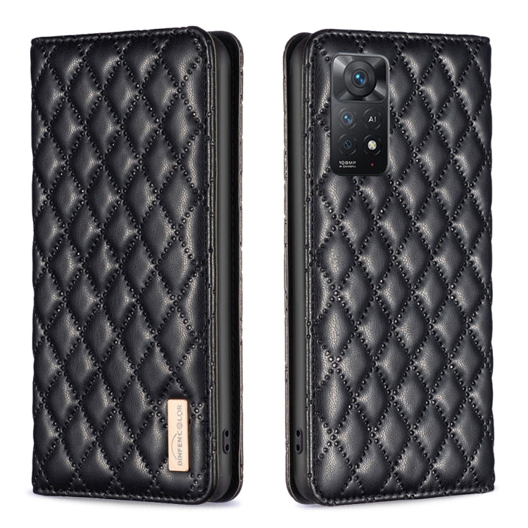 Black leather flip phone case with diamond lattice texture and camera cutout