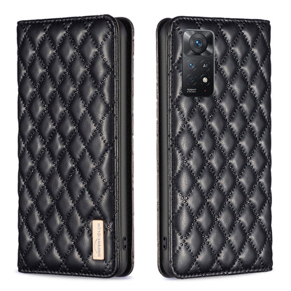 Black leather flip phone case with diamond lattice texture and camera cutout