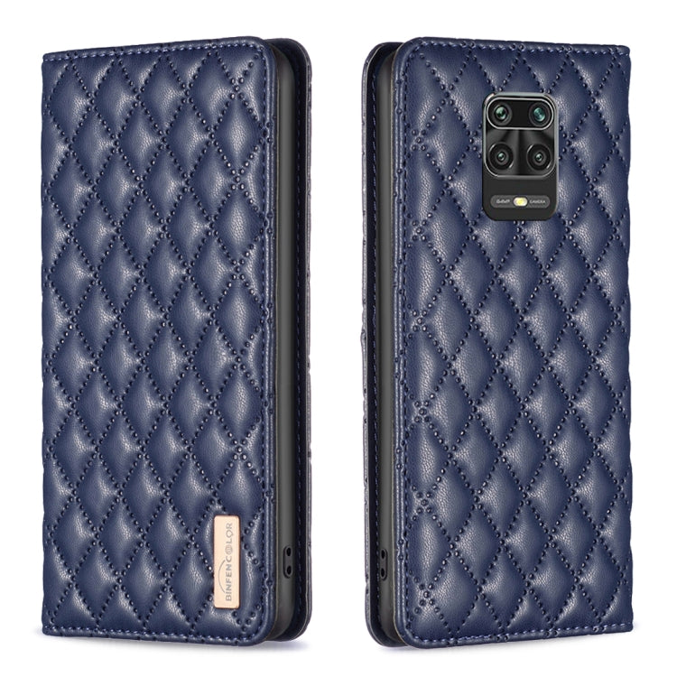 Blue leather flip phone case with diamond lattice texture and camera cutout