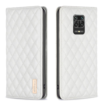 White leather flip phone case with diamond lattice texture and camera cutout