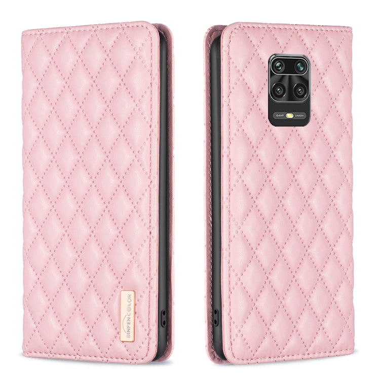 Pink leather flip phone case with diamond lattice texture and camera cutout