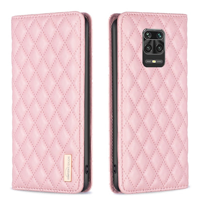 Pink leather flip phone case with diamond lattice texture and camera cutout