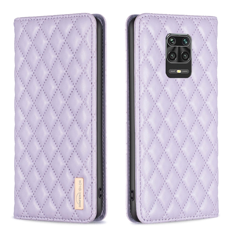Purple leather flip phone case with diamond lattice texture and camera cutout