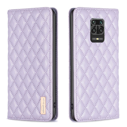 Purple leather flip phone case with diamond lattice texture and camera cutout