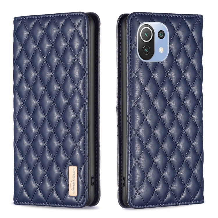 Blue diamond lattice magnetic leather flip phone case with camera cutout