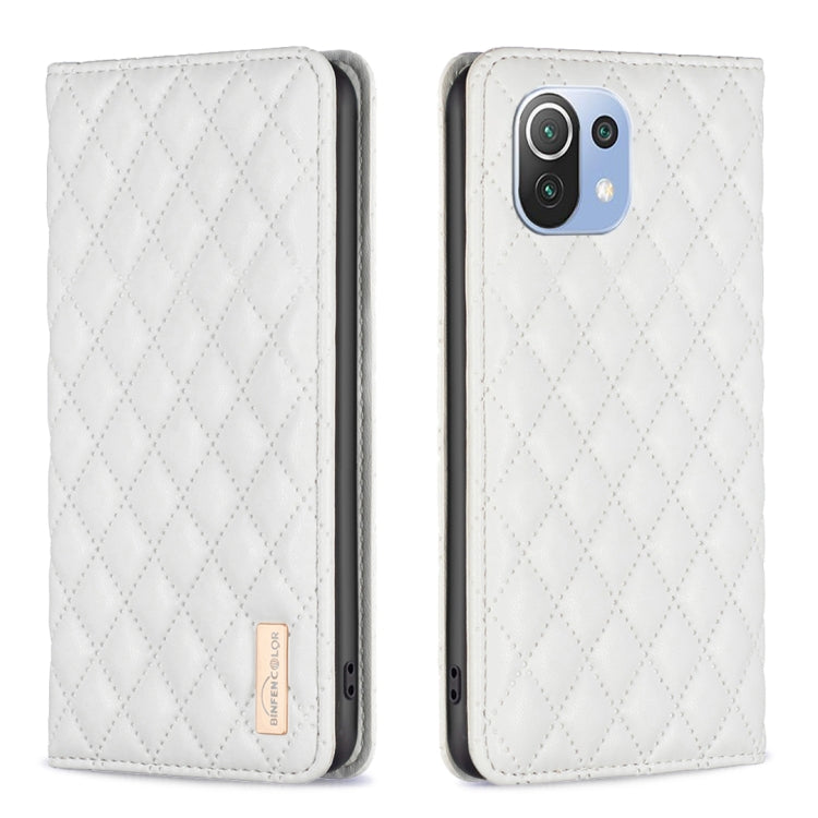 White diamond lattice magnetic leather flip phone case with camera cutout