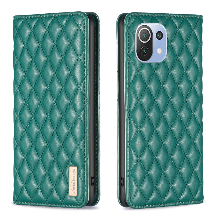 Green diamond lattice magnetic leather flip phone case with camera cutout