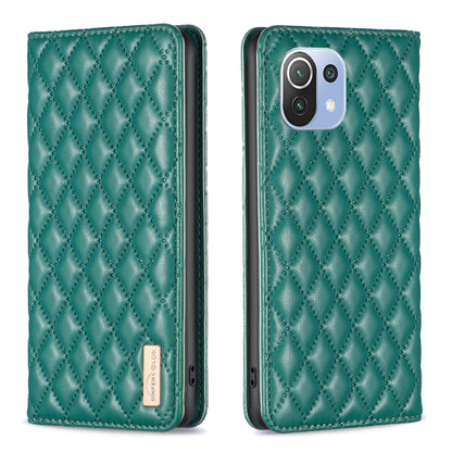 Green diamond lattice magnetic leather flip phone case with camera cutout