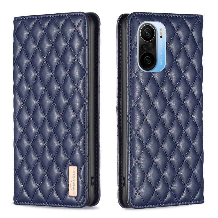 Blue diamond lattice magnetic leather flip phone case with camera cutout