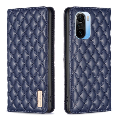 Blue diamond lattice magnetic leather flip phone case with camera cutout