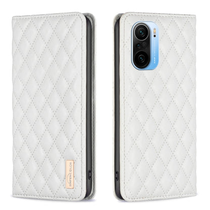 White diamond lattice magnetic leather flip phone case with camera cutout