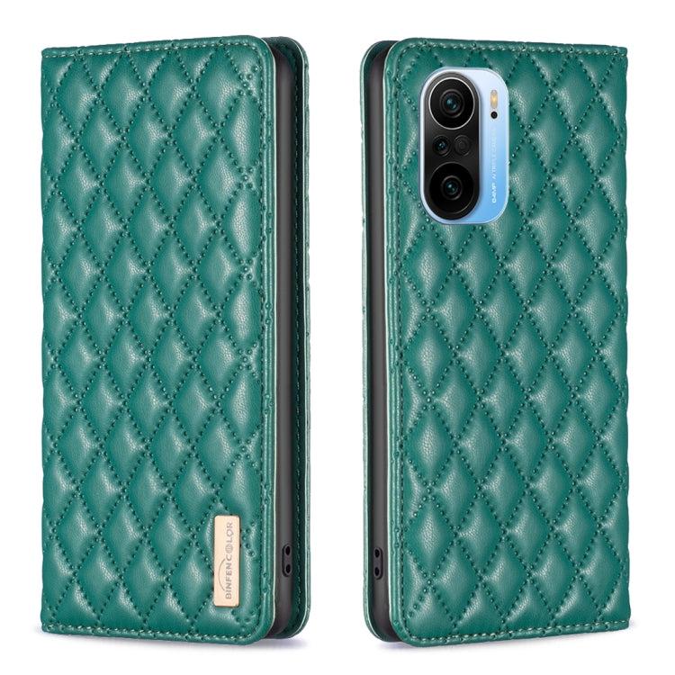 Green diamond lattice magnetic leather flip phone case with camera cutout