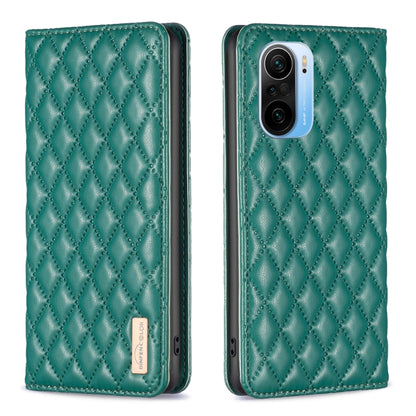 Green diamond lattice magnetic leather flip phone case with camera cutout