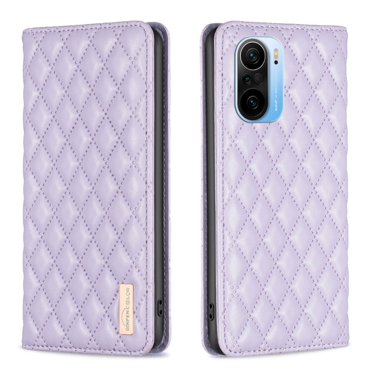 Lavender diamond lattice magnetic leather flip phone case with camera cutout