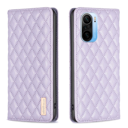 Lavender diamond lattice magnetic leather flip phone case with camera cutout