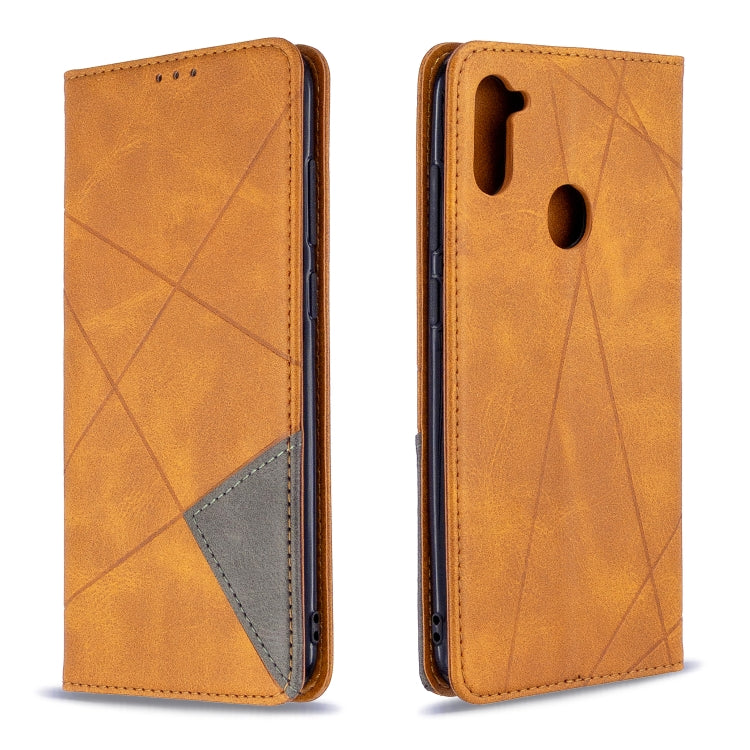 Yellow leather flip phone wallet case with rhombus texture, card slot, and magnetic closure