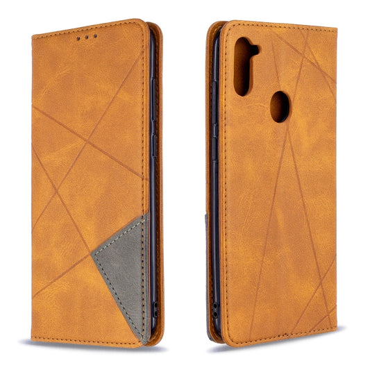 Yellow leather flip phone wallet case with rhombus texture, card slot, and magnetic closure