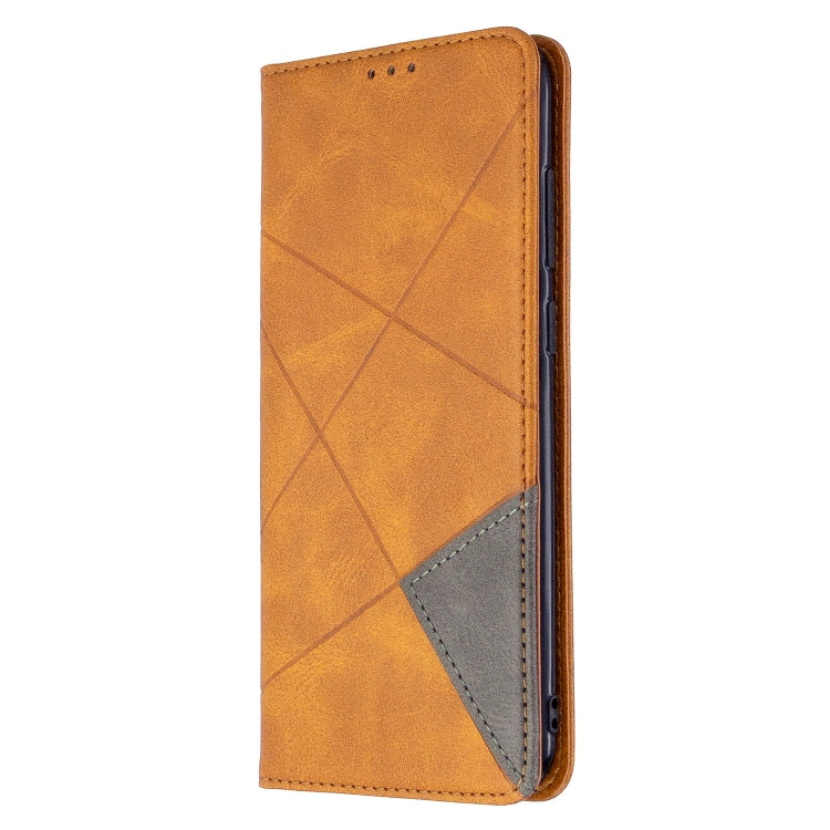 Yellow leather flip phone wallet case with rhombus texture and stitched pocket flap