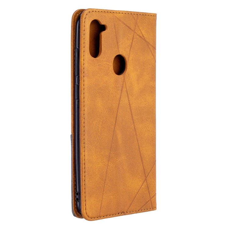 Yellow leather folio phone case with rhombus texture, card slot flap, and camera cutout
