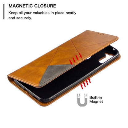 Orange leather flip phone case with magnetic closure and built-in magnet holder