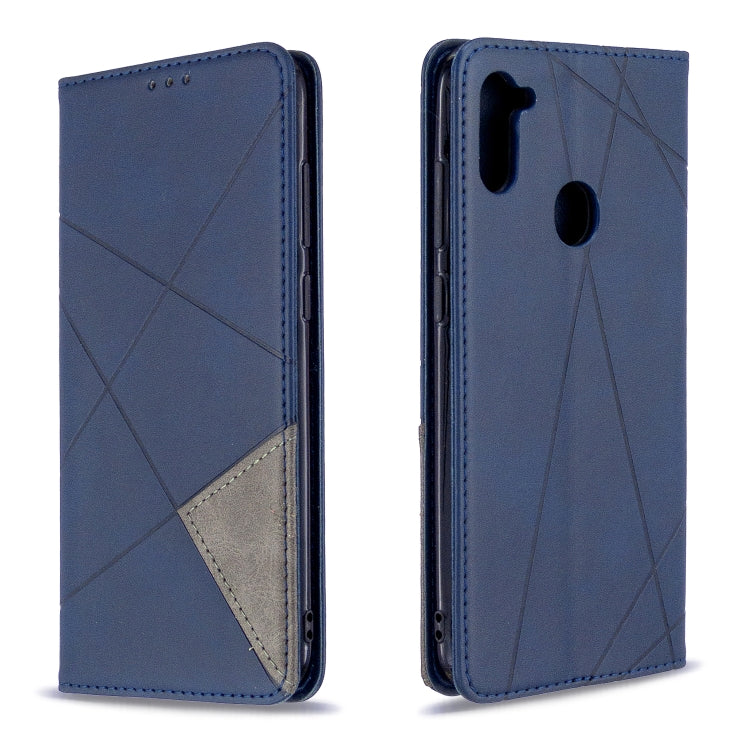 Blue leather flip phone wallet case with rhombus texture, card slot, and camera cutout